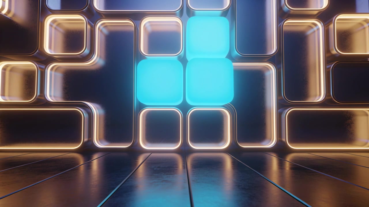 Glow rising causing glowing cyan cubes appearing and aligning in set filling gold grid reflecting