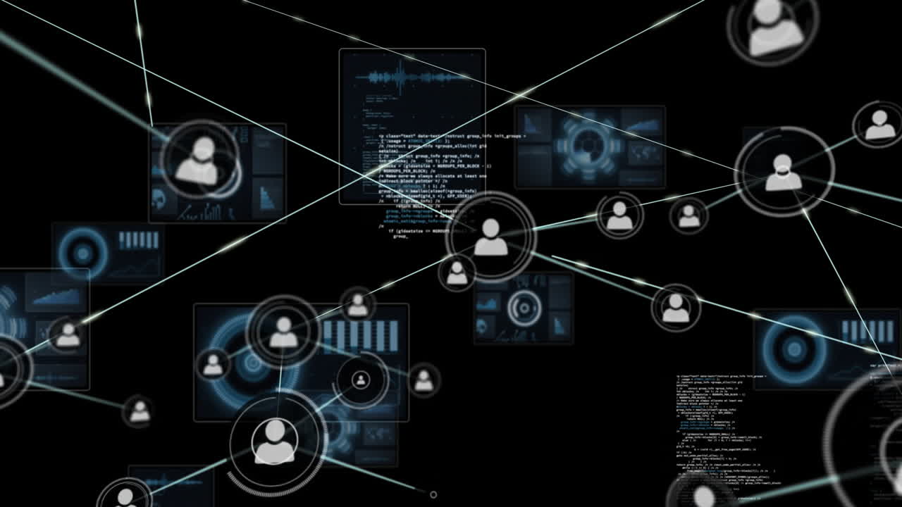Animation of digital network connections and user icons on futuristic interface