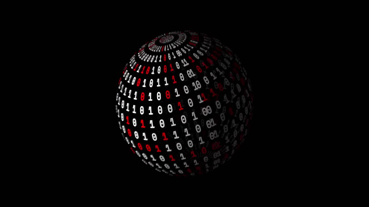 Animation of globe with binary coding spinning on black background