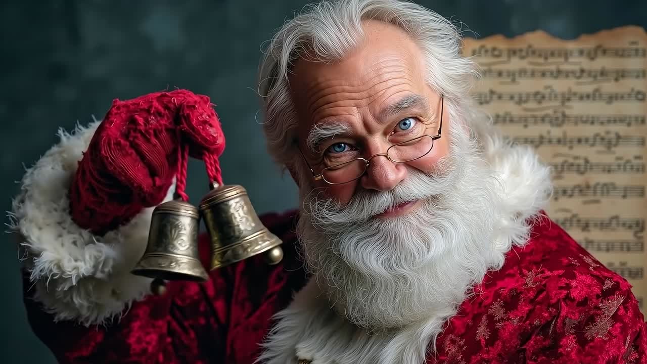 A man dressed as Santa Claus holding two bells in his hand