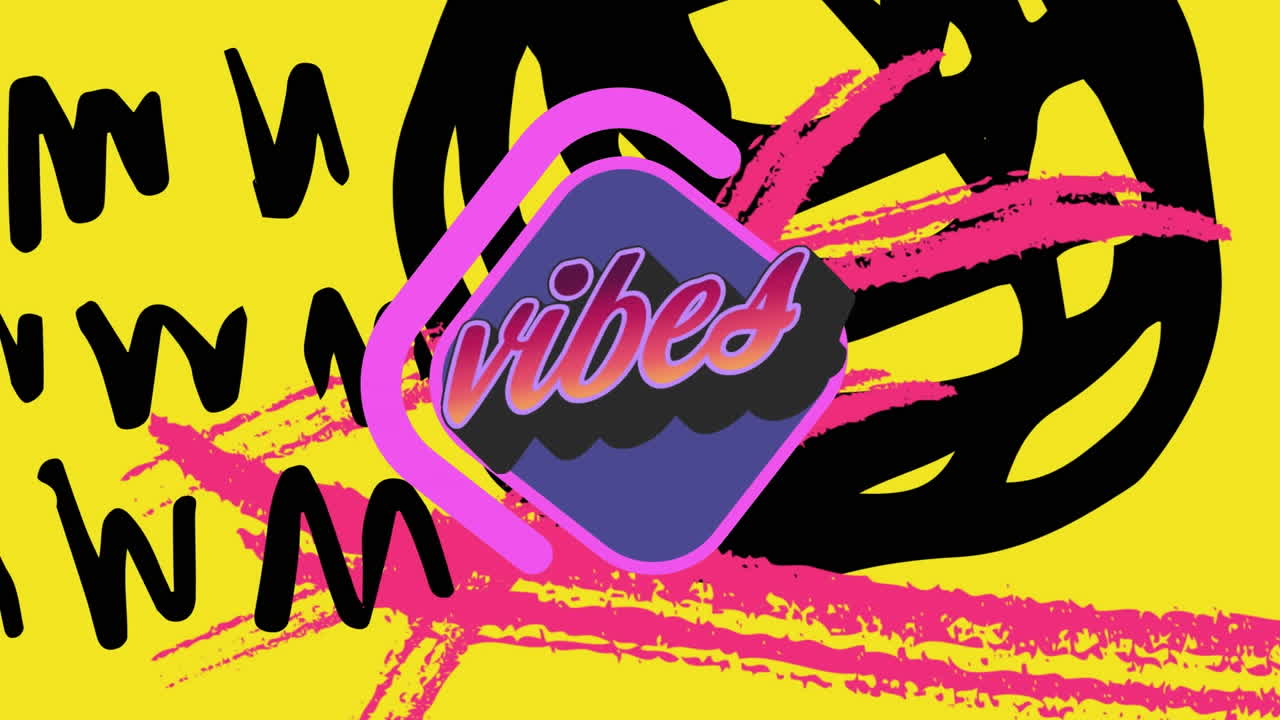 Digital animation of vibes text on purple banner over colorful abstract shapes on yellow background