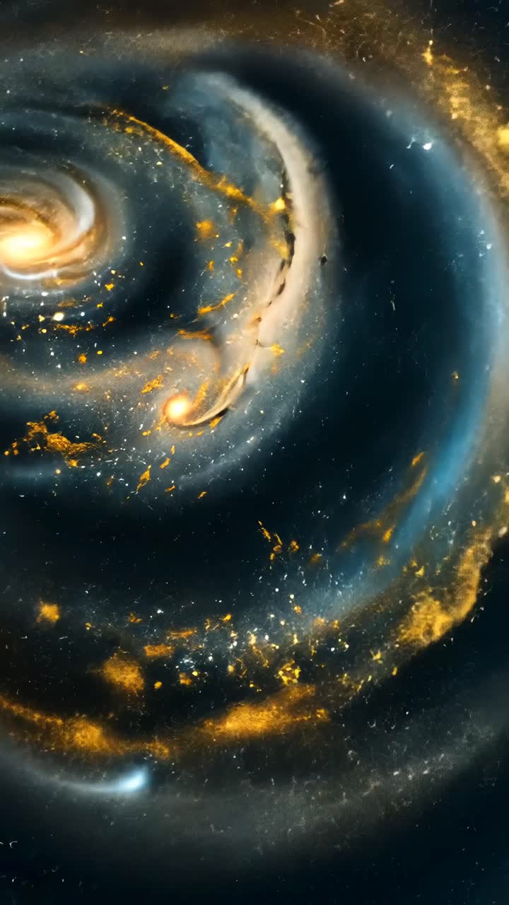 A mesmerizing top-down video shot of a swirling galaxy with golden accents, capturing the cosmic