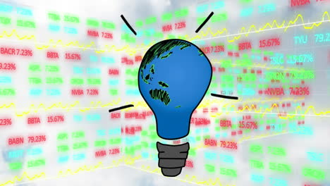 animación de iconos de globos y bombillas sobre procesamiento de datos y nubes