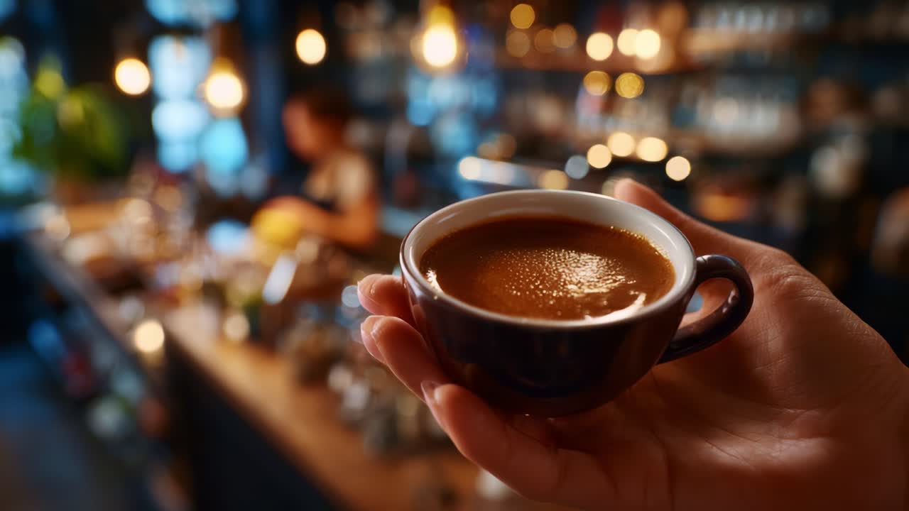 Primo piano di una mano che tiene una tazza di caffè fumante su uno sfondo sfocato di un bar, che mostra la ricca consistenza e il colore della bevanda all'espresso.