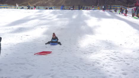 little asian girl is sledding down the hill on a small blue toboggan at a snow resort in a sunny day on winter