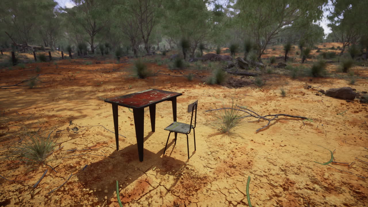 mesa y silla sentados solos en un paisaje seco y remoto bajo un cielo despejado