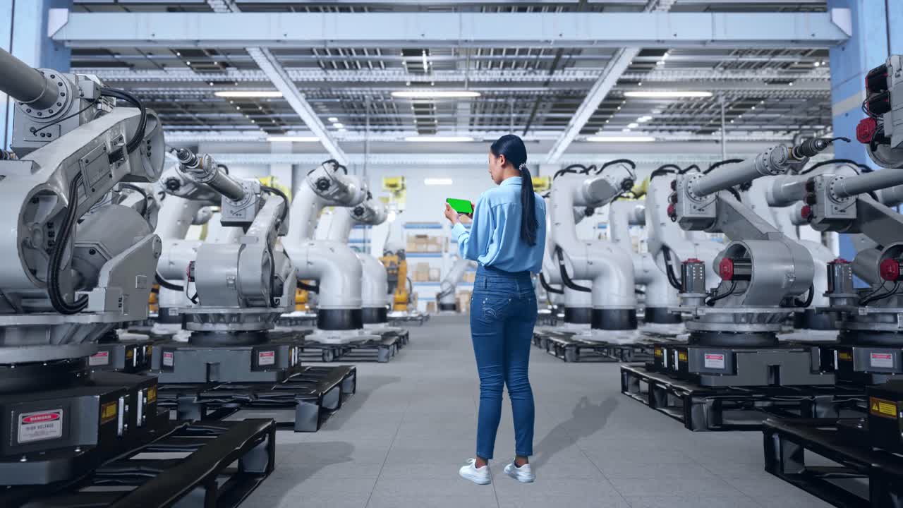 공장 노동자가 로 팔을 모니터링합니다.