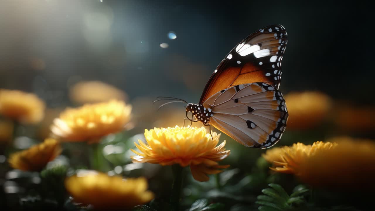 Una farfalla monarca affascinante appollaiata con grazia su un vivace fiore giallo, avvolta da una luce calda e da petali morbidi e in fiore in un sereno giardino