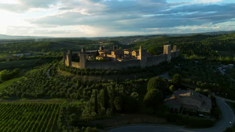 Ancient-Village-Of-Monteriggioni-At-Sunset-In-Tuscany,-Italy---drone-shot
