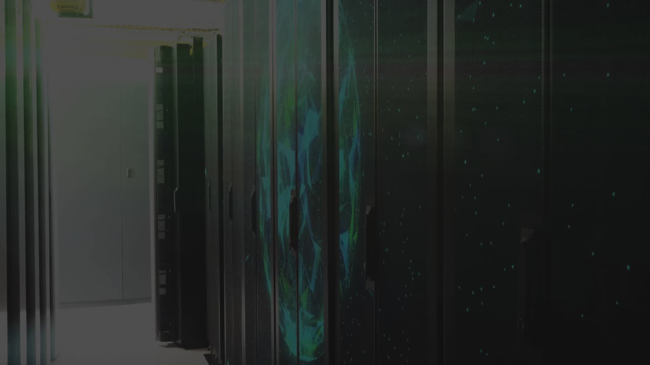 After aisle pan, rotating data hologram on server racks with scanning log overlay ensuring security