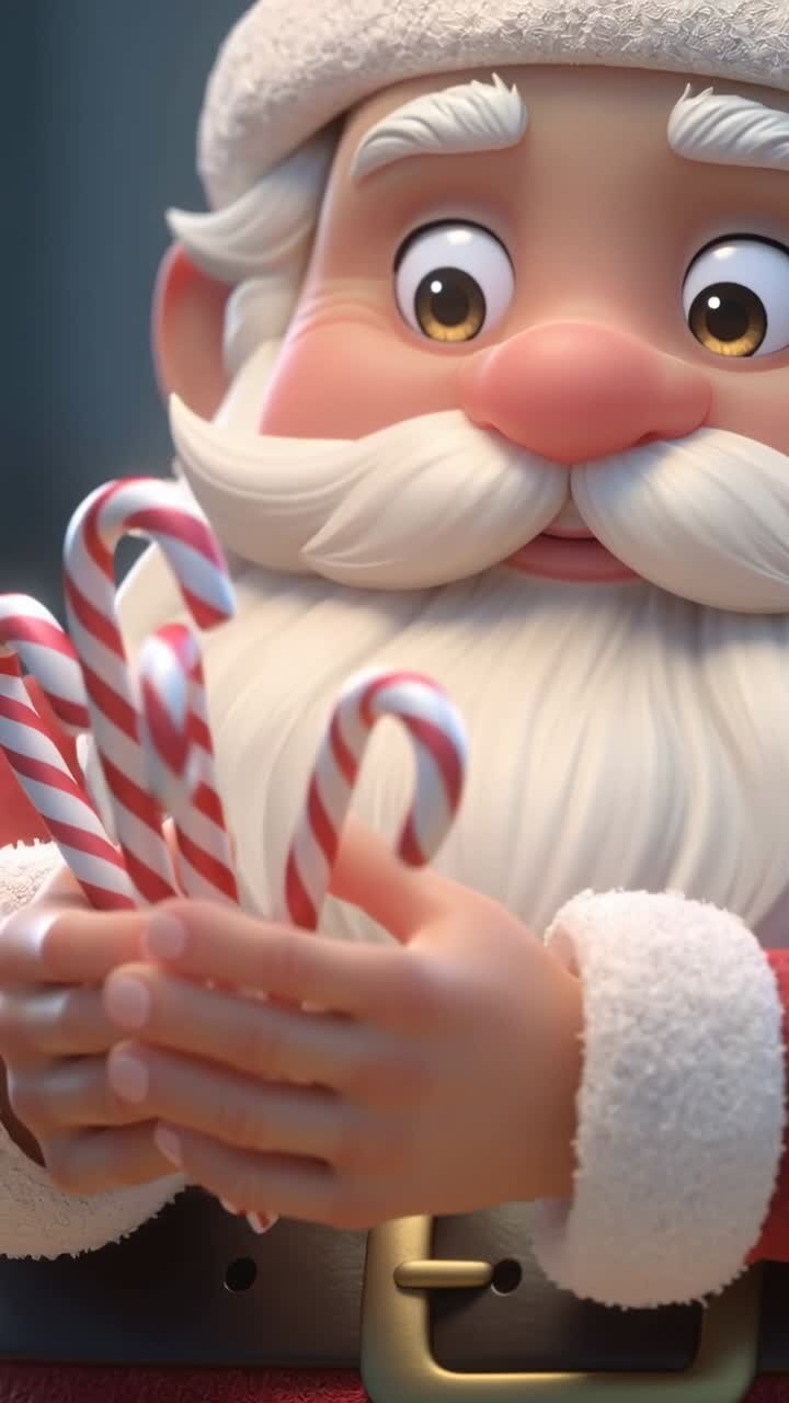Vertical video: Opening scene showing Santa Claus wearing red coat rotating candy canes in interior