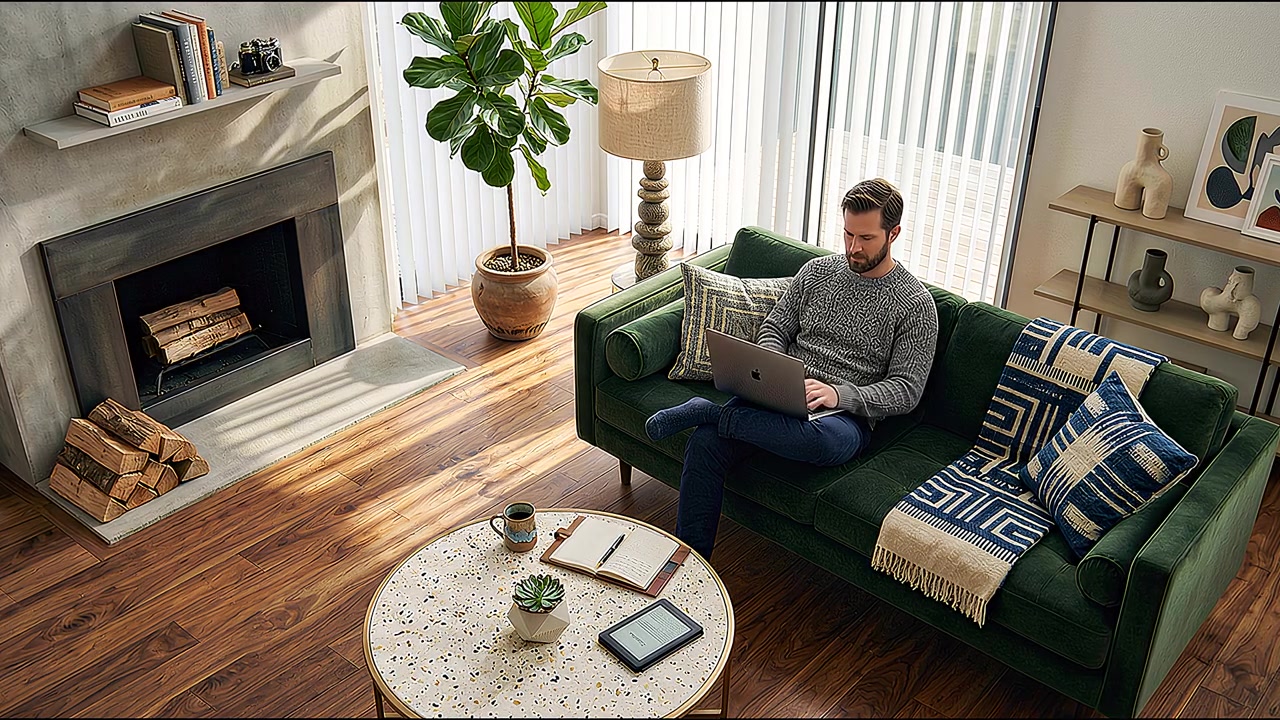 Professional working from home on laptop while relaxing on sectional sofa in stylish apartment