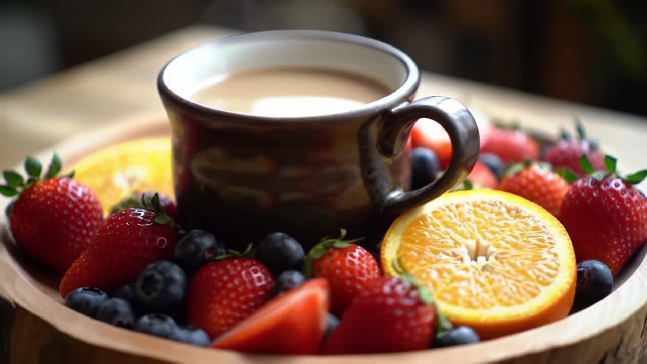 A Cozy Morning: A Beautifully Arranged Breakfast Scene Featuring A Cup Of Warm Beverage Surrounded By Fresh Fruits Like Strawberries, Oranges, And Blueberries