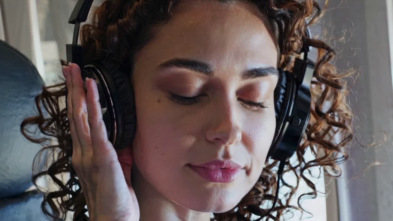 Angolazione ravvicinata di una donna con i capelli ricci che si gode la musica con le cuffie, occhi chiusi