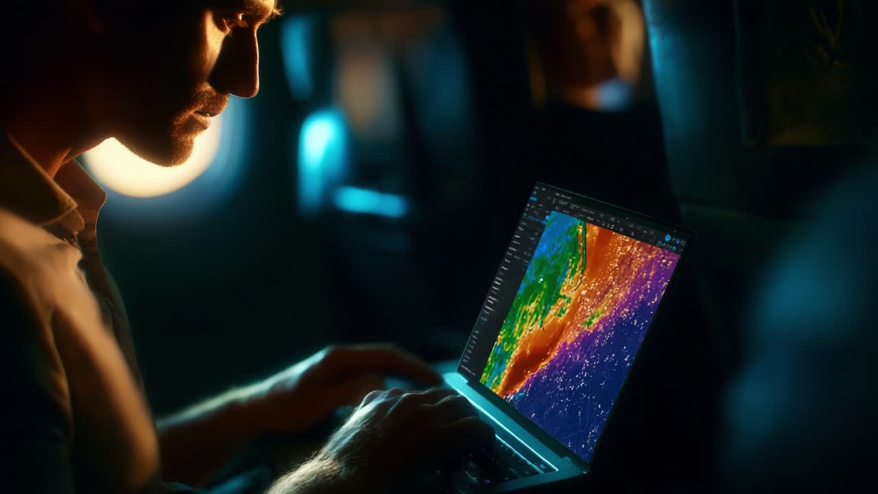 A focused individual using a laptop on an airplane, illuminated by the screen, analyzes vibrant geographical data reflecting a colorful map of terrain and geography patterns during the flight