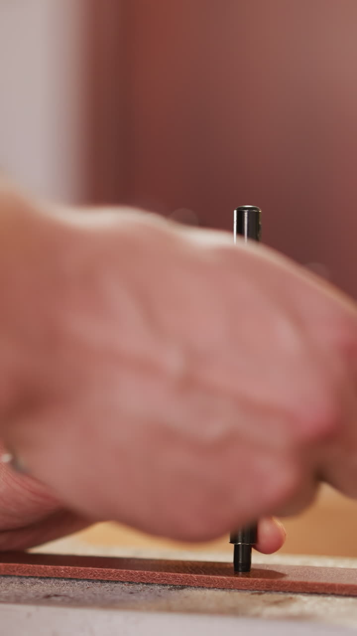 Master makes hole in leather belt with punch and hammer at table in workshop closeup. Production of men accessory in traditional way