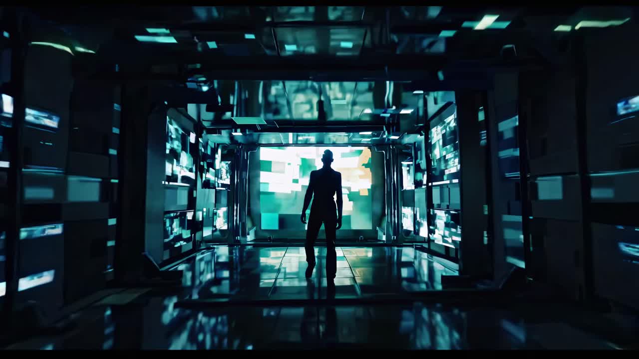 Silhouette in a Futuristic Digital Corridor
