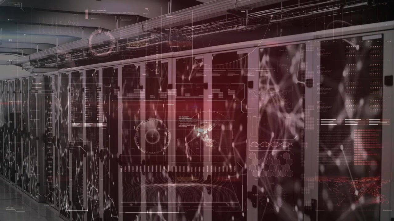 Animation of globe and data processing over server room
