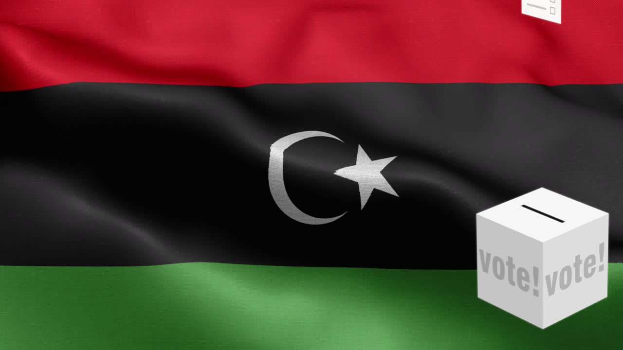 Ballots fly to box for Libya selection - Ballot box in front of flag - Election - Vote - Flag Of Libya - Libya Flag High Detail - National flag Libya wave Pattern loopable Elements - Fabric texture and endless loop