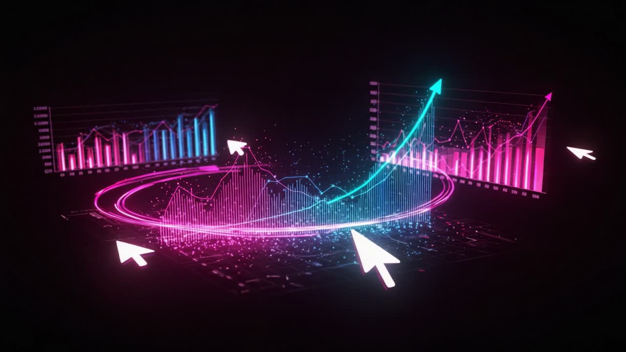 Dynamische Datenvisualisierung mit animierten Diagrammen und Pfeilen, die Wachstum und Trends in einer futuristischen digitalen Benutzeroberfläche zeigen.