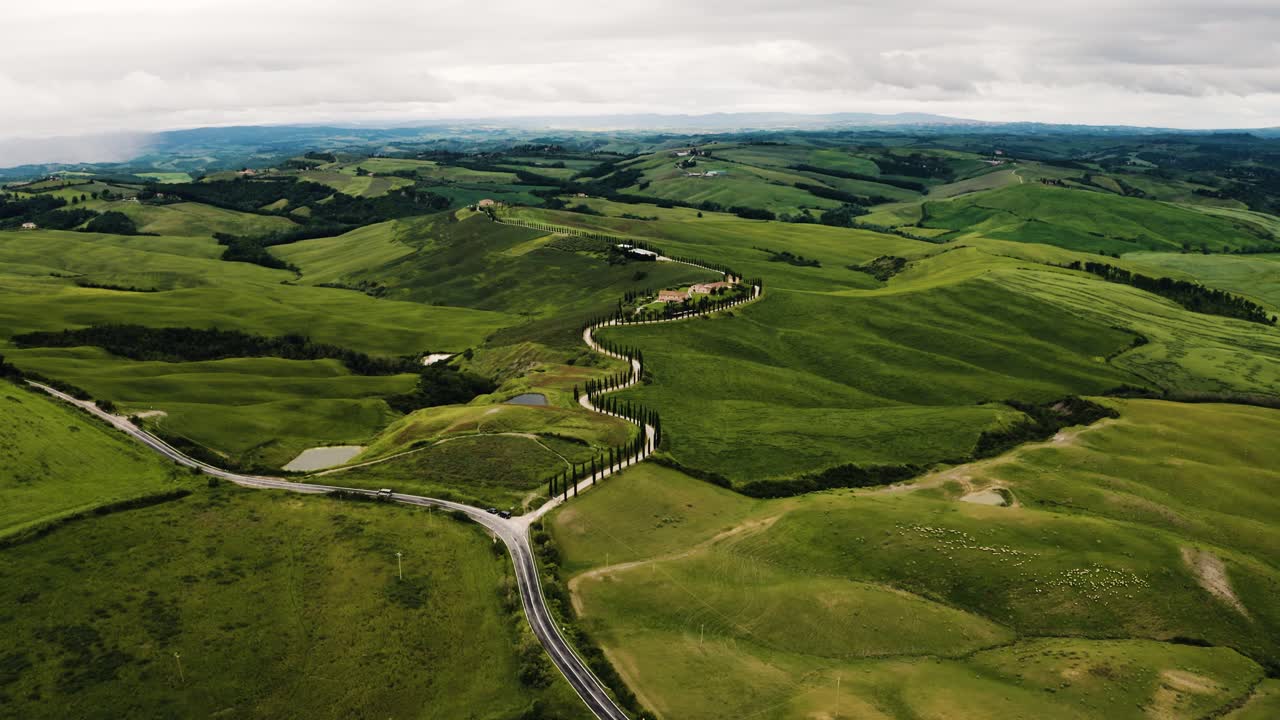 Aerial view of Tuscany's vast farmland in Italy's countryside