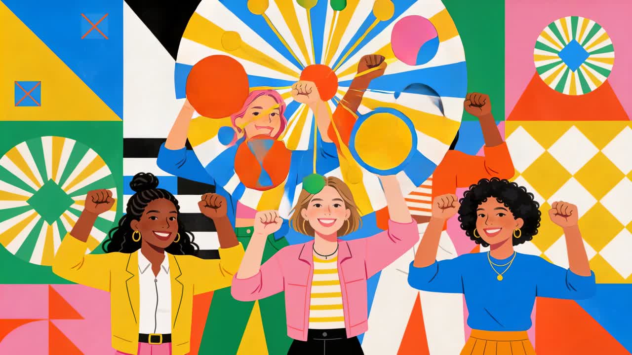 Reacting to ornaments appearing, five women in blazers raising fists at mural, celebrating