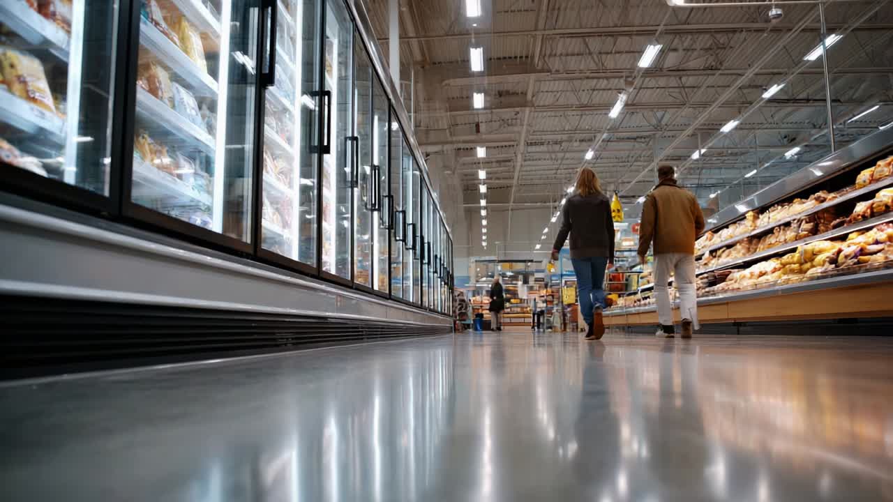 A bustling grocery store scene capturing two shoppers walking down an aisle lined with refrigerated sections and displays of fresh products, demonstrating the vibrant atmosphere of contemporary retail space