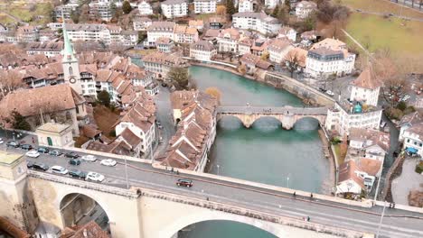 fly-over nydegg and untertor bridges across aare river, bern switzerland