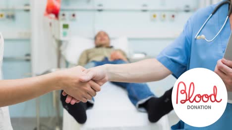 animation of blood donation text, over female nurse and donor shaking hands