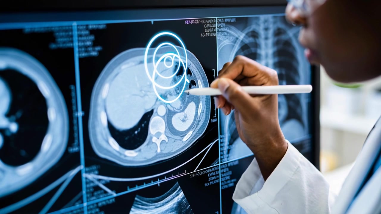 Medico in camice da laboratorio che annota e perfeziona un segno TC alla workstation, stilo che crea una sovrapposizione, spazio per il testo