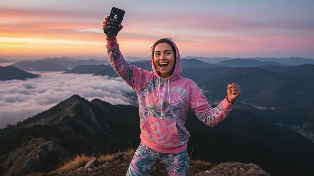 Joyful Celebration at Sunrise: An Enthusiastic Hiker Captures a Moment of Triumph on Top of a Mountain Amidst a Sea of Clouds and Vibrant Colors