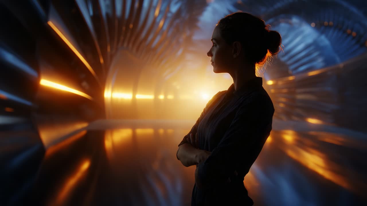 A contemplative silhouette of a woman in a futuristic environment, illuminated by warm orange lights, standing against a backdrop of elegant, flowing shapes that evoke a sense of depth and tranquility