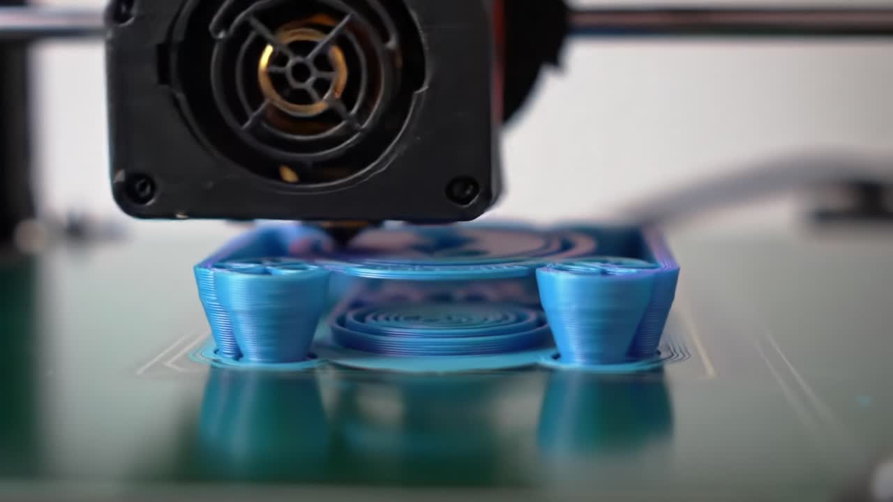 A close-up view of a blue object being printed by a 3D printer in a contemporary workspace. The machine operates smoothly, demonstrating advanced technology in action.