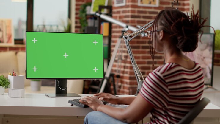 Donna che lavora al computer con lo schermo verde