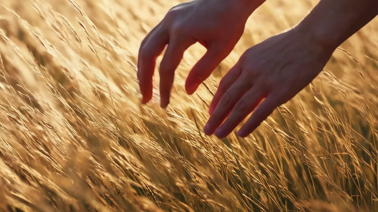 Hands Gently Touching a Golden Field at Sunset