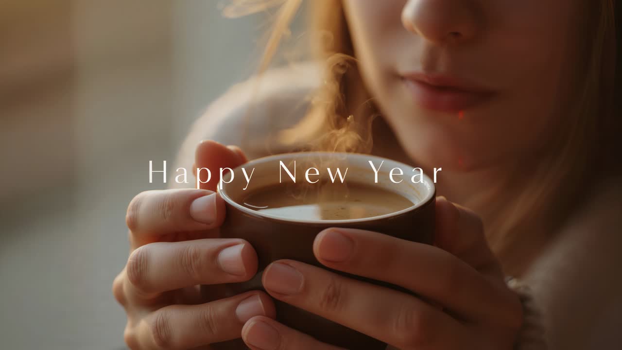 Cradling woman in sweater holding hot mug near blinds, overlay appearing Happy New Year, inhaling
