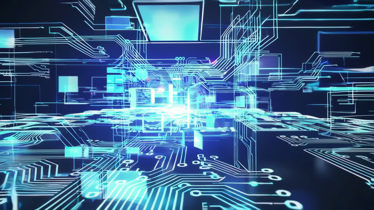 Abstract Glowing Digital Circuit Board and Network Lines