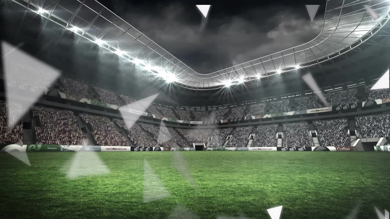 Bright lights and geometric shapes creating animation over stadium grass field
