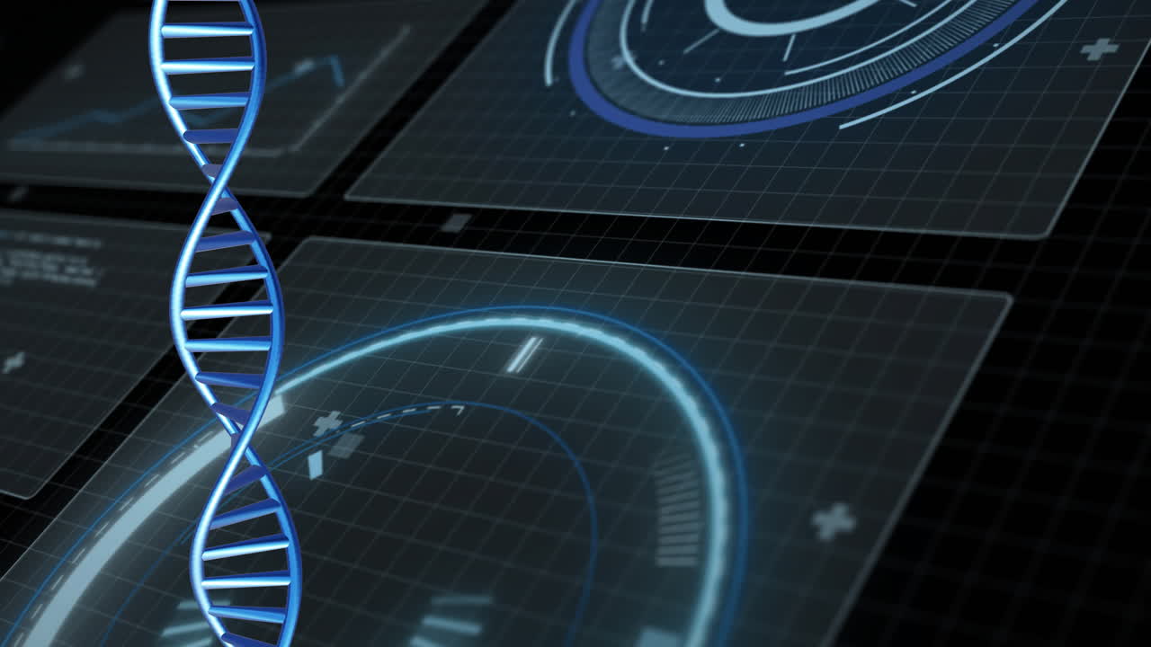 Animation of dna strand spinning with data processing over black background