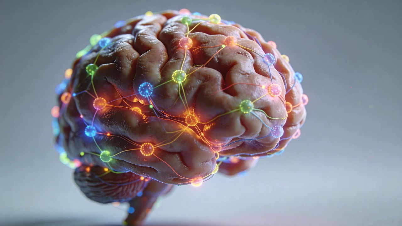 Rotating brain model pulsing in gray, early node bursts traveling along filaments syncing network