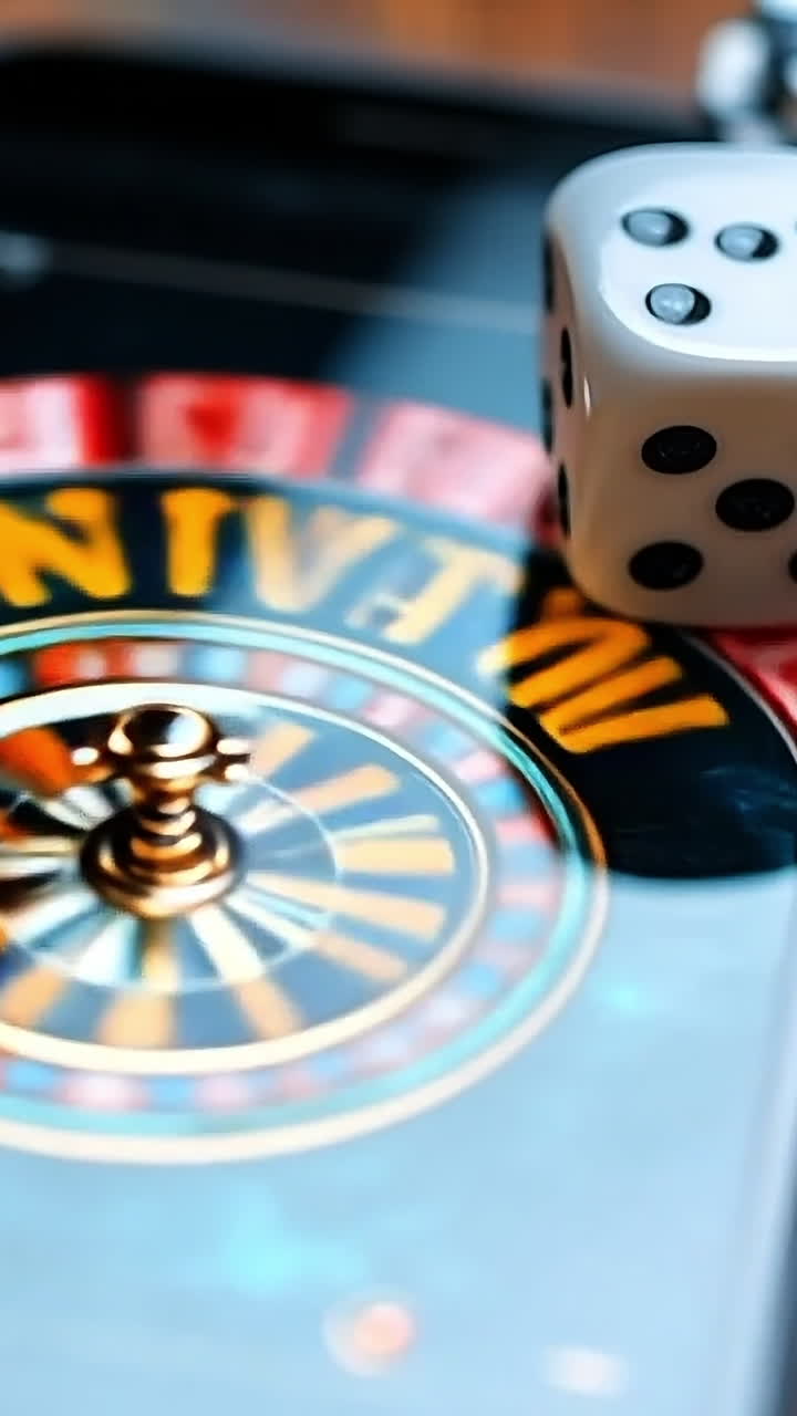 Mobile roulette and gaming. A smartphone shows a roulette game with dice and poker chips on a wooden table, creating a casino vibe.