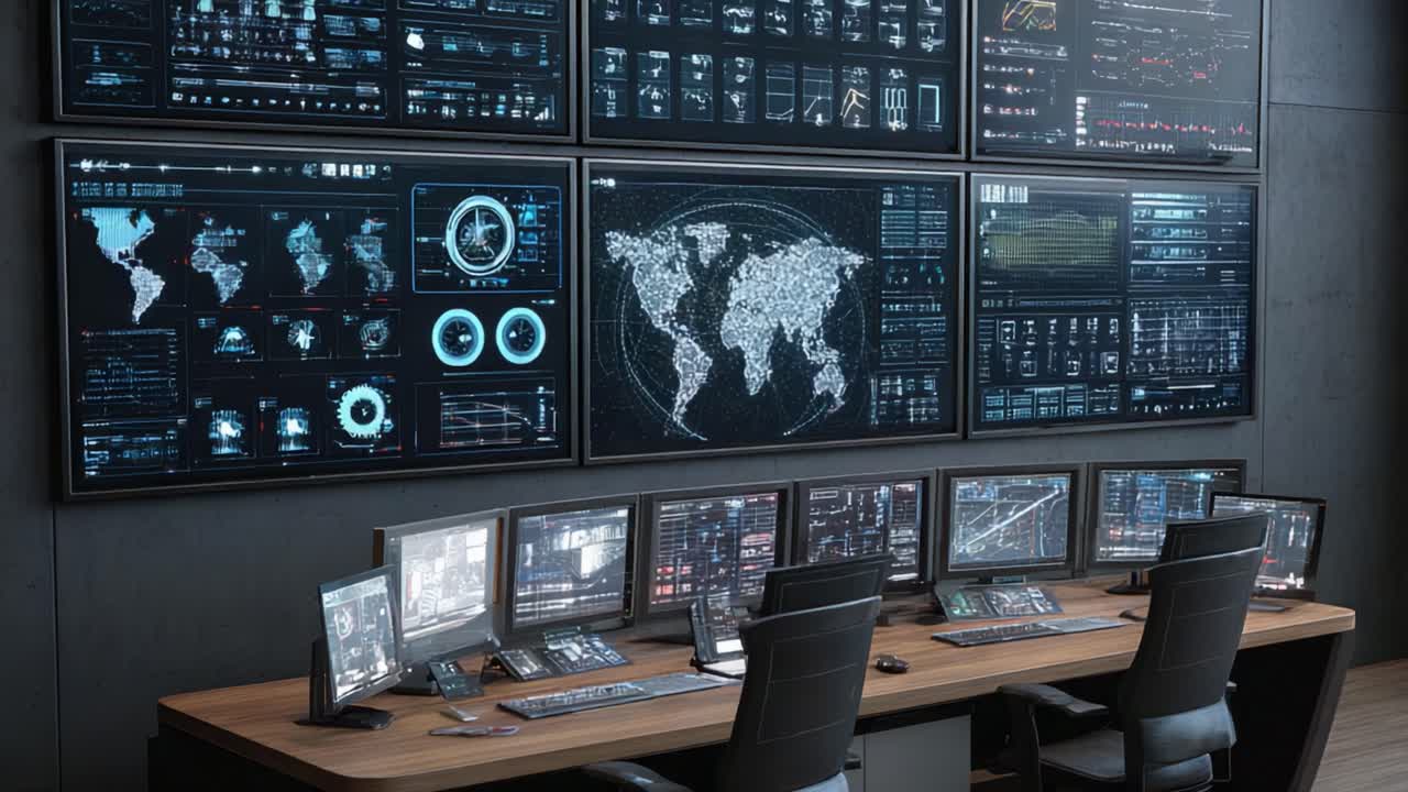 Una sala di controllo elegante e moderna dotata di tecnologia avanzata con schermi multipli che visualizzano analisi dati complete e mappatura globale in un ambiente high-tech.