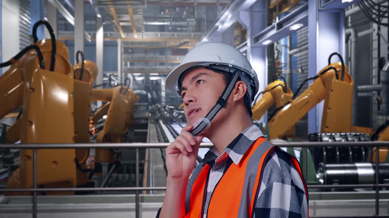 Close Up Side View Of Asian Male Engineer With Safety Helmet Thinking And Looking Around Then Raising His Index Finger While Standing With Industrial Robotic Arms Working