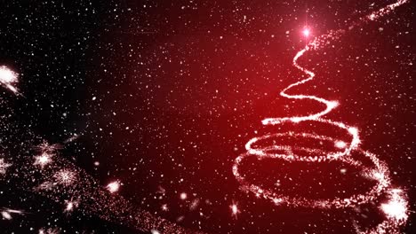 Animation-of-snow-falling-over-christmas-tree-and-glowing-red-lights