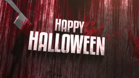 Animationstext-Happy-Halloween-Auf-Mystischem-Horrorhintergrund-Mit-Dunklem-Blut-Und-Messer-Auf-Holz