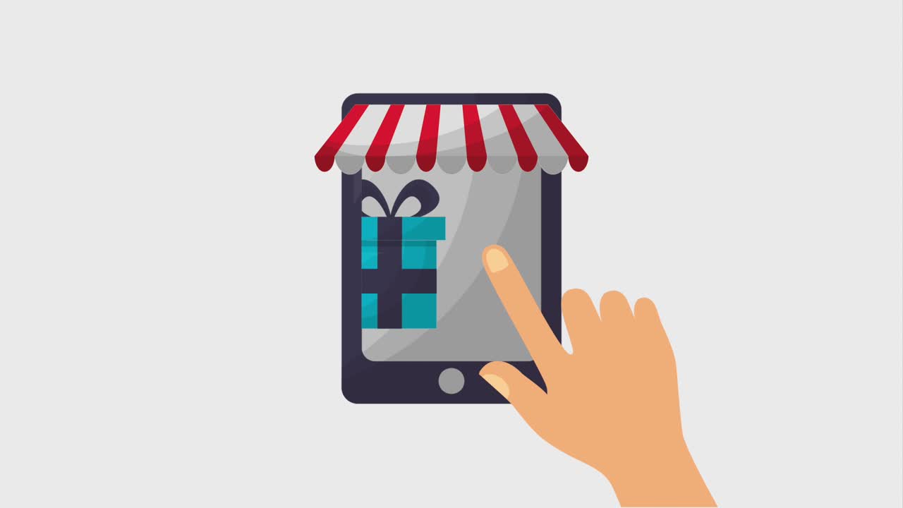 Animazione di acquisti online, smartphone, mano che clicca, regalo