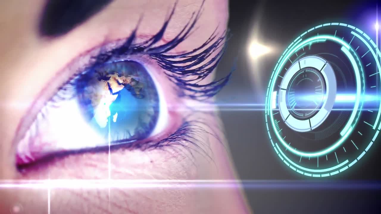 Animation of digital interface and globe over woman's eyes