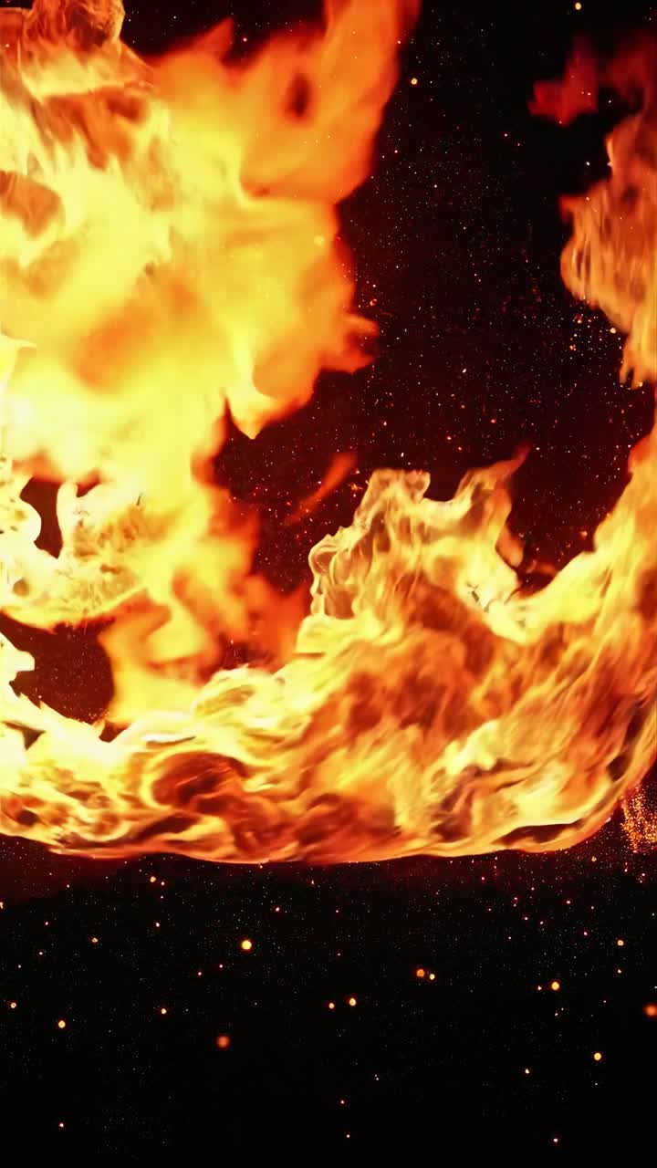 Dynamiczne zbliżenie wideo wirujących płomieni na ciemnym tle, uchwytujące intensywne ciepło