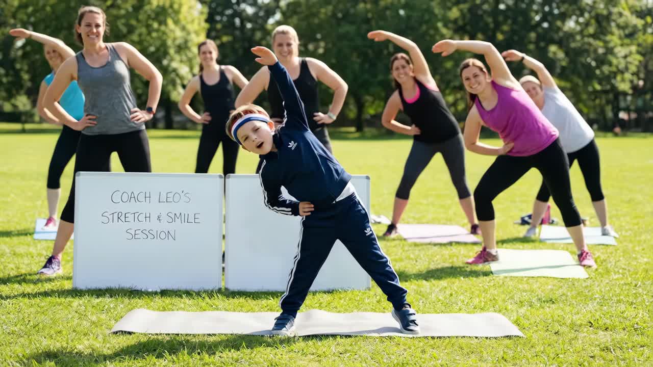 Ragazzino che guida un gruppo di donne in esercizi di stretching all'aperto