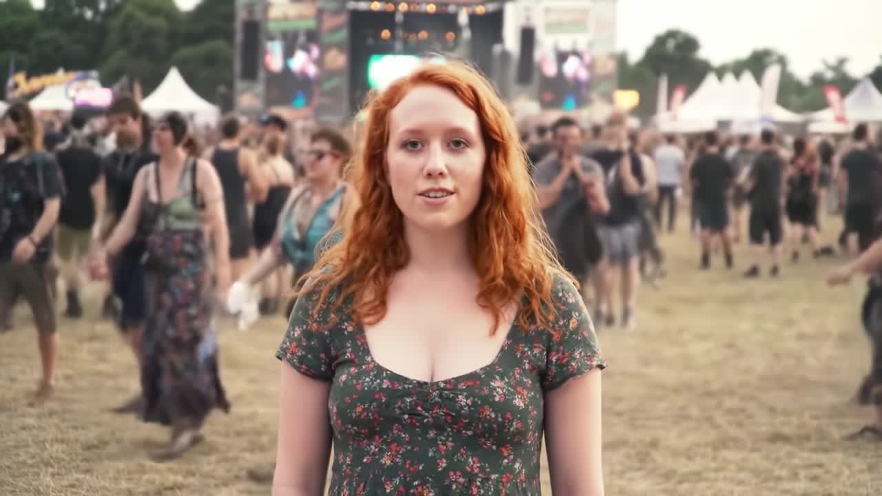 A young woman with curly red hair poses for the camera while enjoying a vibrant music festival.